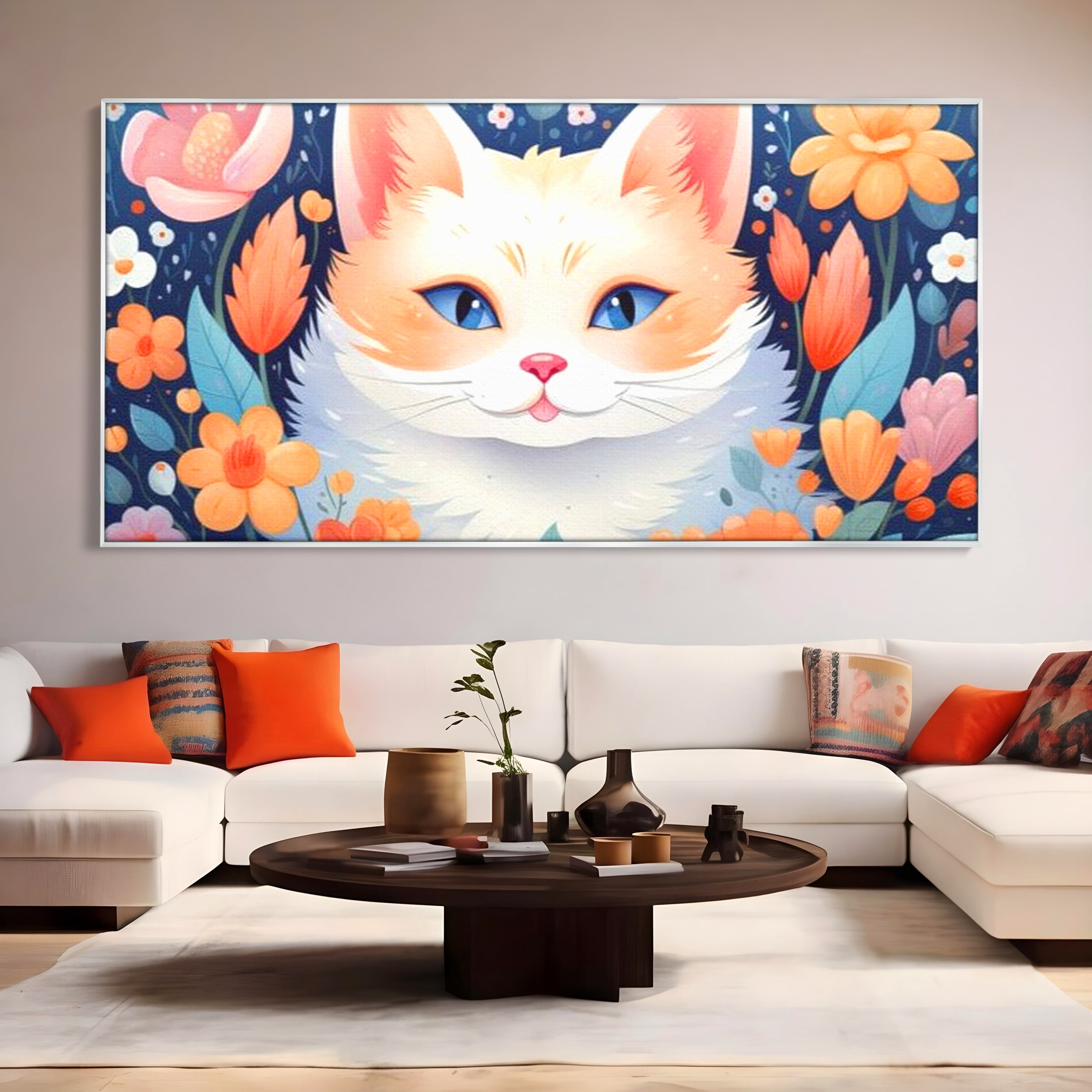 Tablou canvas cu ilustratie digitala cu pisica alba si flori, in rama de aluminiu argintiu, pe perete intr-un living